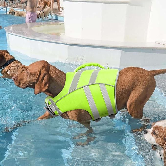 Kuoser Small Dog Life Jacket - High Flotation, Reflective Vest for Swimming Boating, Adjustable Lightweight Preserver with Rescue Handle, Green S