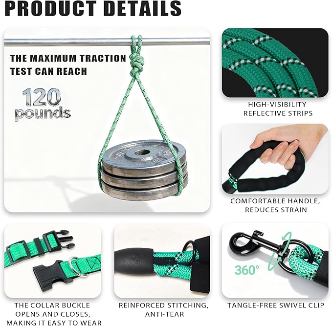 Nylon Dog Leash for Medium Large Dogs, 5-FTReflective Heavy Duty Leash with Comfortable Handle & Poop Bag Dispenser Ring, 1/2 Inch Wide, Secure Reinforcement for Walking (Teal Blue, L)