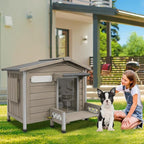 34" L Outdoor Dog House with Porch, Removable Floor, Raised Feet Anti-Chewing Iron Frame – Weatherproof Wooden Dog Kennel for Indoor/Outdoor Use, Ideal for Small to Medium Dogs