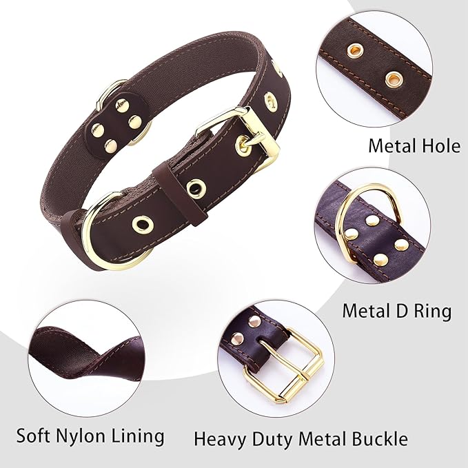 Leather Dog Collar, Dog Collar with Adjustable Sturdy Metal Buckle,Heavy Duty Dog Collar for Walking, Hiking, Training, Hunting (Brown,S:15.2"-19.2" Neck)