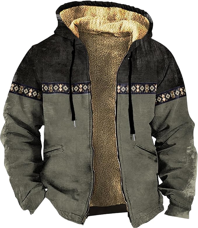 Men's Western Aztec Jackets Hooded Cowboy Hoodie Warm Full Zip Ethnic Vintage Long Sleeve Coat Fall Winter Tops