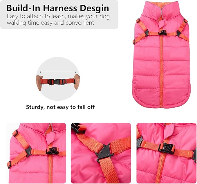 Geyecete Winter Warm Coat Waterproof Dog Winter Jacket with Harness Traction Belt,Windproof Pet Outdoor Jacket-Pink-L