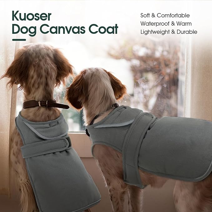 Kuoser Canvas Dog Coat, Warm Dog Jacket Reflective Fleece Pet Cold Weather Coat, Warm Doggie Clothes Waterproof Winter Vest with Zipper Leash Hole for Small Medium Large Dogs, Grey M