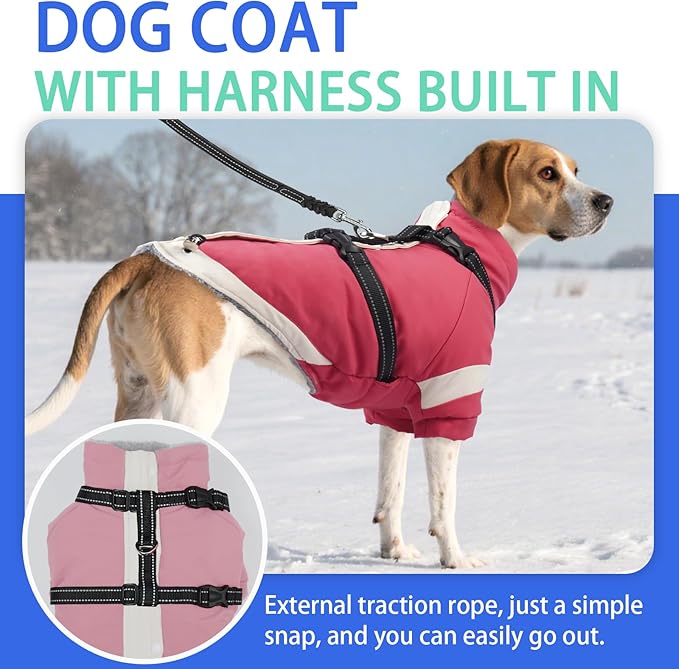 MIGOHI Dog Coat with Harness Built in, 2-in-1 Windproof Dog Winter Jacket, Thermal Reflective Snowsuit with Turtleneck, Back Zipper Fleece Coat for Small Dogs, Yorkshire Terrier, Pink, S