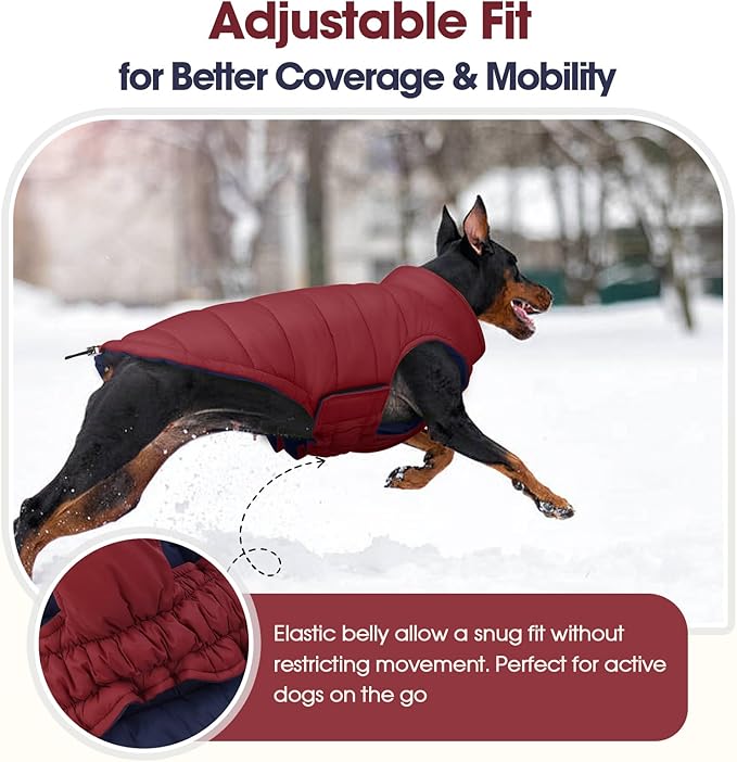 QBLEEV Reversible Dog Coat for Small Dogs, Waterproof Windproof Winter Jacket Keeps Small Breeds Warm & Dry, Lightweight Adjustable Puffer Vest with Leash Hole, Wine Red, XS – Fits Chihuahua, Yorkie