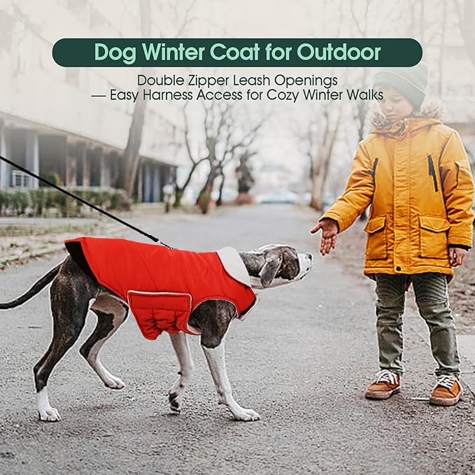 Kuoser Dog Coat Large, Cold Weather Reflective Waterproof Dogs Jacket with Warm Fleece Lining, Turtleneck Dog Winter Coat with Zipper, Doggy Snow Jacket Pet Coats for Small Medium Large Dogs, Red 3XL