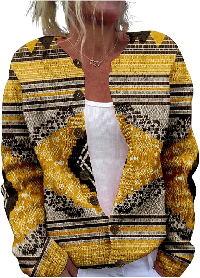 HOTYD Aztec Print Cardigans Sweaters for Women Crewneck Graphic Button Cardigan Casual Chunky Knit Sweater Fall Outfits