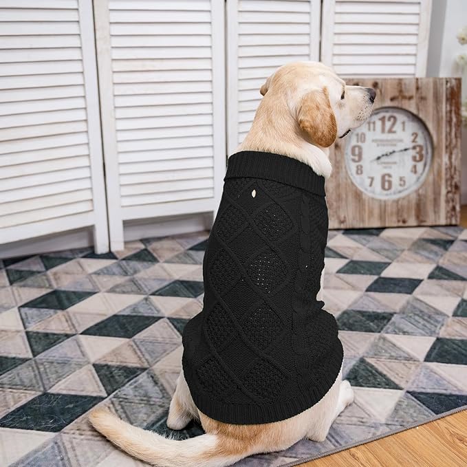Mihachi Turtleneck Dog Sweater - Winter Coat Apparel Classic Cable Knit Clothes with Leash Hole for Cold Weather, Ideal Gift for Pet in New Year Black X-Small