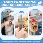 JASON Professional 6 in 1 Dog Scissors Set - 6.5" Thinning, 7" Straight, 7" Up-Curved, 7" Down-Curved Shears and Comb for Cat & Pet (Silver)