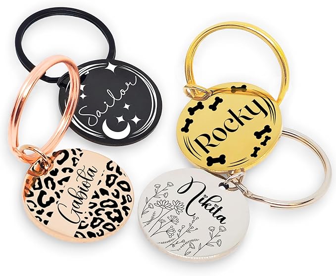 Super Customizable Pet Tags ID for Cats & Dogs | Cat tag: Durable Stainless Steel. Custom Engraved Dog Tags for Collars, Harnesses & Leashes | Many Fonts & Design (Champagne, Round)