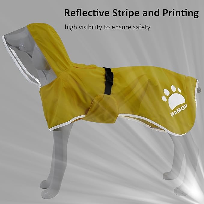 MAMORE Dog Raincoat Waterproof, Lightweight Adjustable Dog Rain Coat Hooded Poncho with Reflective Strip for Large Medium Small Dogs (Yellow, XX-Large)