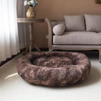 Oval Calming Donut Cuddler Dog Bed,Shag Faux Fur Cat Bed Washable Round Pillow Pet Bed(30"/36"/43") for Small Medium Dogs (XL(36"x27"x7"), Brown2021)