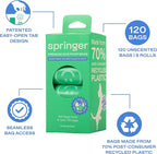 Springer Premium Poop Bags for Dogs, 120 Count, Unscented, Leak Proof and Thick Waste Bag Refill Rolls, Made from Recycled Plastic with Easy to Open Tab