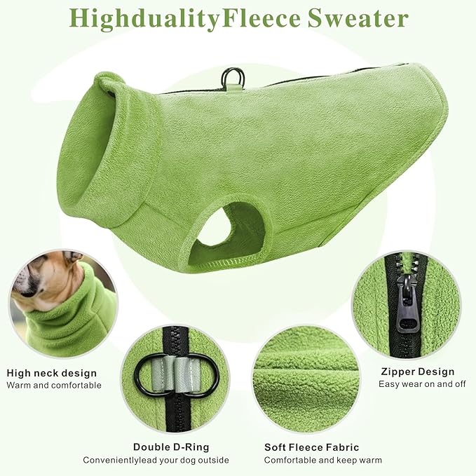 Idepet Dog Fleece Vest Sweater Zip Up Warm Pullover Dogs Jacket with D-Ring Leash Winter Cold Weater Coat Pet Sweatershirt Clothes Hoodie for Small Medium Dogs Boy Girl(Green,M)