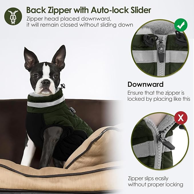 AOFITEE Dog Coat, Warm Dog Winter Coat for Small Dogs, Reflective Turtleneck Dogs Jacket with Harness Built in, Waterproof Windproof Pet Fleece Vest Snow Jacket for Cold Weather, Green S