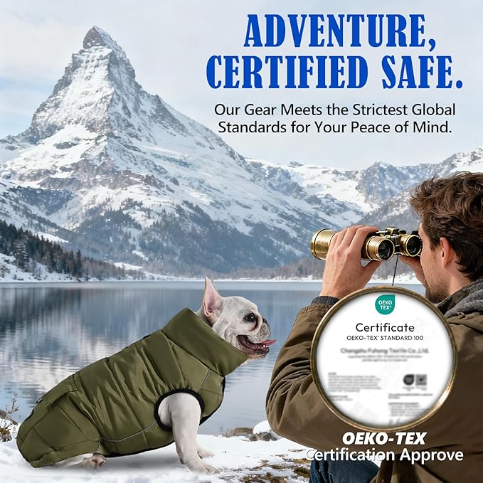 Dog Winter Jacket Waterproof, Reflective Fleece Lined Dog Coats for Small Medium Large Dogs, Warm Snow Coat for Dogs, Insulated Cold Weather Dogs Puffer Jackets with Leash Hole, Olive, XL