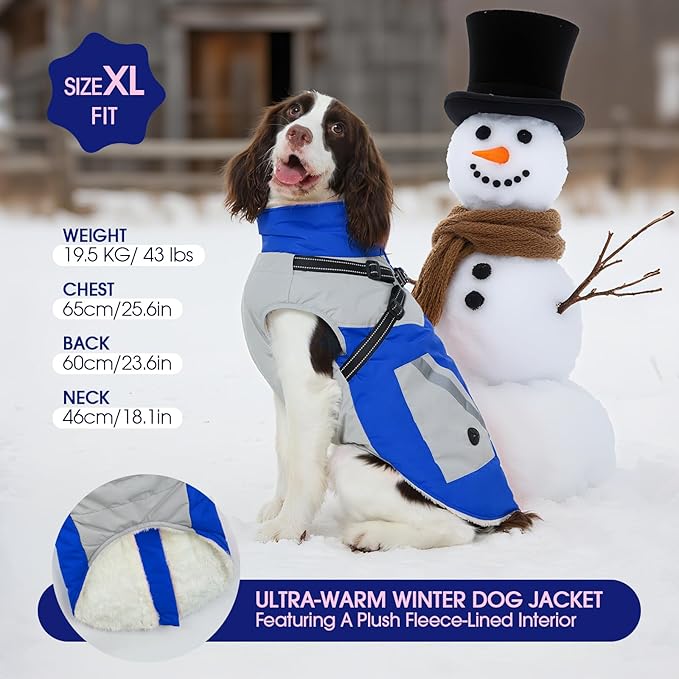 FUAMEY Dog Winter Jackets for Large Dogs,Dog Coat with Harness Built in,Waterproof Dogs Snowsuits Warm Pet Jacket Zip Up Fleece Cold Weather Coats Reflective Puppy Vest with Pocket Blue 3XL