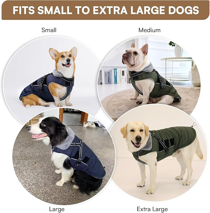 Queenmore Winter Dog Jackets for Large Dogs XXL, Waterproof Winter Coat for Extra Large Pitbull/Great Danes, Warm Puffer Snow Jacket for Cold Weather - Fleece Lining Velcro Closure Reflective, Green