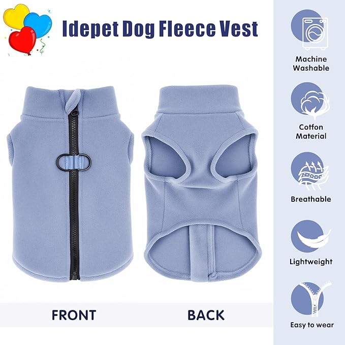 Idepet Dog Fleece Vest Sweater Zip Up Warm Pullover Dogs Jacket with D-Ring Leash Winter Cold Weater Coat Pet Sweatershirt Clothes Hoodie for Small Medium Dogs Boy Girl(Sky Blue,M)