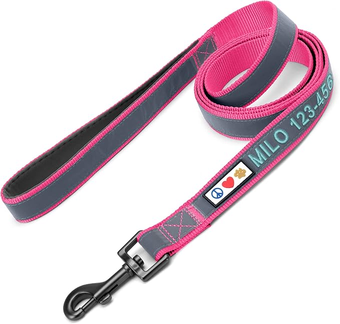 Pawtitas Personalized Dog Leash Embroidered Customize Your Pet Name & Phone Number Puppy Reflective 6 ft Long Small Pink Custom Tag Name, Pink Reflective 🔦 Padded