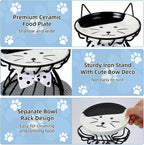 2PCS Ceramic Elevated Cat Bowls, Raised Pet Food Bowl Whisker Friendly, Anti-Vomiting Food Plate with Cute Metal Stand, Shallow Food Plate for Indoor Cat, Protects Spine