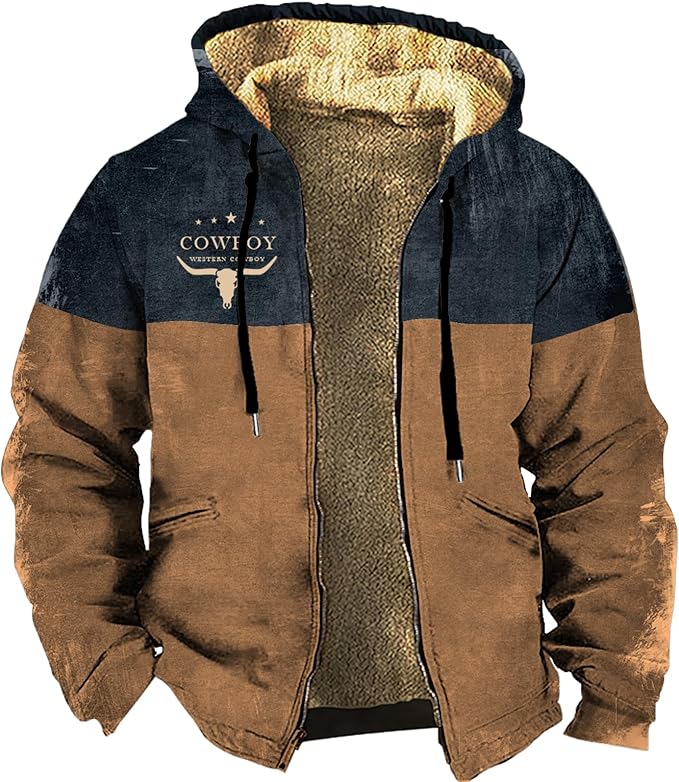 Men's Western Aztec Jackets Hooded Cowboy Hoodie Warm Full Zip Ethnic Vintage Long Sleeve Coat Fall Winter Tops