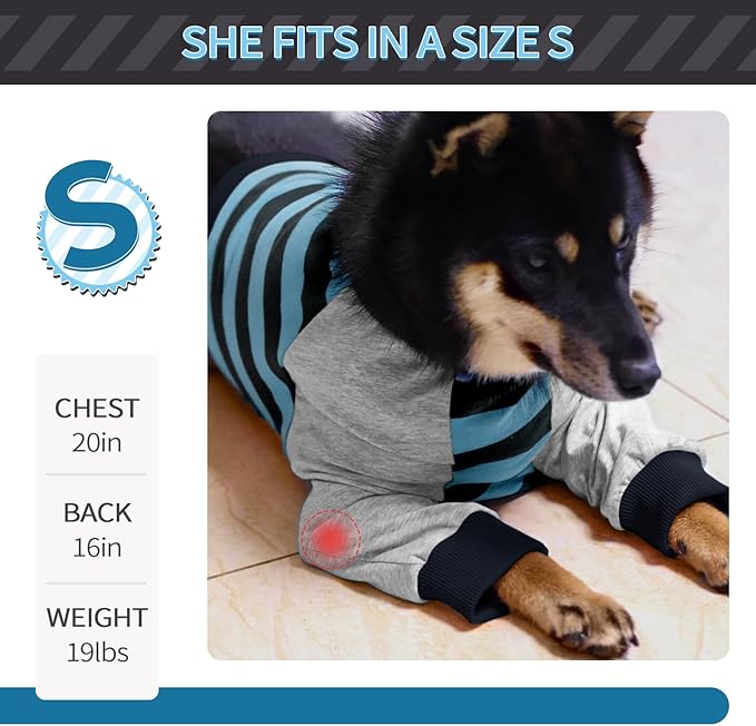FUAMEY Dog Recovery Sleeve with Elbow Protector,Dogs Shirt Stop Licking Joints,Pet Long Sleeve Suit Protecting Dog's Front Leg Arm Wounds Cover Skin Conditions Blue Stripe L