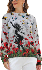 Long Sleeve Shirts for Women Cat Oil Painting Shirt 3D Graphic Sweatshirts Fall Pullover Crewneck Vintage Boho Tops