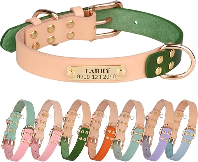 Yonsbox Personalized Dog Collar with Nameplate – Genuine Leather, Engraved Pet ID Tag with Phone Number – Adjustable Custom Dog Collar for Small, Medium & Large Dogs, Durable Cowhide Collar