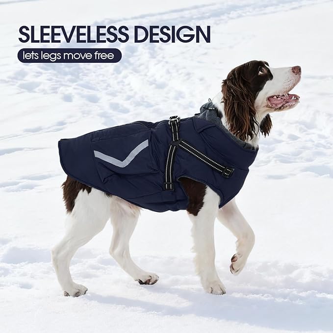 FUAMEY Fleece Lined Dog Coat, Warm Dogs Jacket with Harness, Pop Bag Pockets, Extra Large Doggy Thermal Vest Back Zipper Winter Suit, Snow Cold Weather Outfits, Cocker Spaniel (Dark Blue, 2XL)