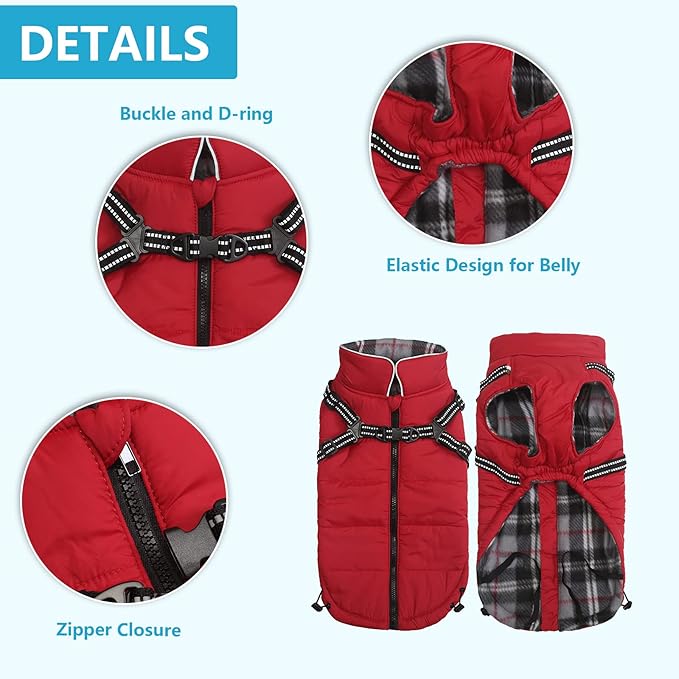 Geyecete Winter Warm Coat Waterproof Dog Jacket with Harness Traction Belt, Pet Outdoor Jacket - Red - XXL
