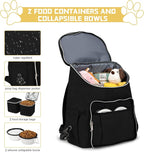BAGLHER Travel Dog Backpack - Detachable Travel Dog Food Container for Pet Supplies Dog Gear Backpack,Dog Bag for Traveling with 2 Silicone Collapsible Bowls and 2 Food Baskets Black
