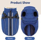 Dog Winter Coat with Harness Built in Warm Puffer Dog Jackets for Small Medium Large Dogs Windproof Waterproof Outfit with Plush Lining and Reflective Stripes (Blue, S)