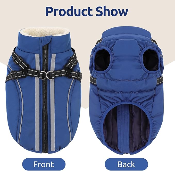 Dog Winter Coat with Harness Built in Warm Puffer Dog Jackets for Small Medium Large Dogs Windproof Waterproof Outfit with Plush Lining and Reflective Stripes (Blue, M)