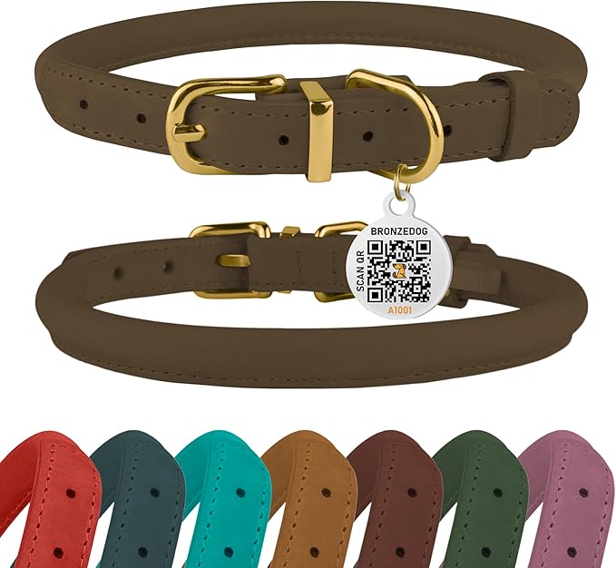 BronzeDog Rolled Leather Dog Collar with QR ID Tag, Adjustable Soft Round Collars for Small Medium Large Dogs Puppy (14" - 16" Neck Size, Nut Brown)
