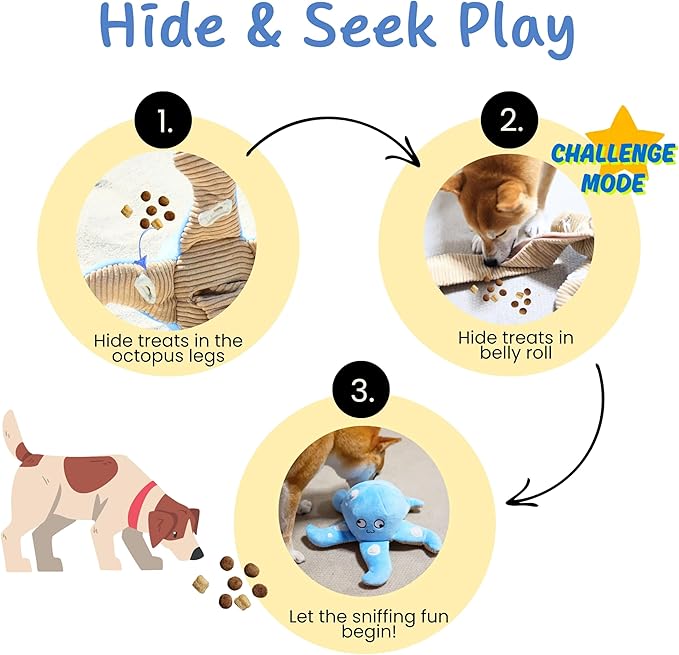 Dog Puzzle Toy, Interactive Snuffle Octopus Toy for Medium Large Dogs – Hide & Seek Treat Dispenser with Squeaky & Crinkle Sounds, Plush Chew Toy, Durable & Washable (Blue)
