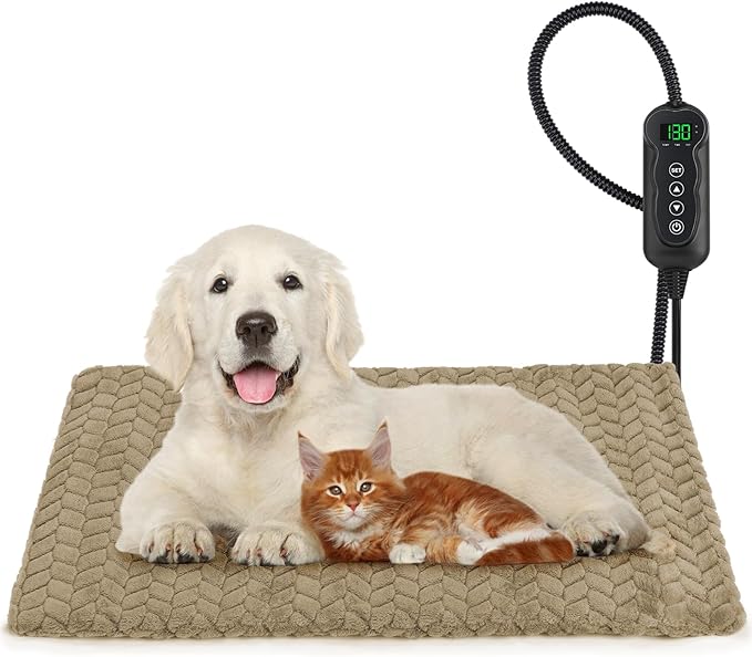 GASUR Pet Heating Pad, Waterproof Electric Dog Cat Heat Pad with Timer, Temperature Adjustable Heated Cat Bed for Winter, Auto Power-Off, Anti-bite Heated Pad for Dogs Cats -28''x20'', Medium