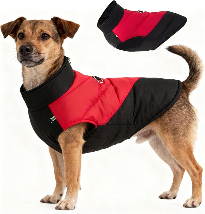 Fleece Lined Dog Coats Extra Warm Dog Winter Coat,Waterproof Dogs Jacket for Medium to Large Dogs,Cold Weather Winter Clothes Turtleneck Windproof Reflective Pet Vest (Red & Black, 2XL)