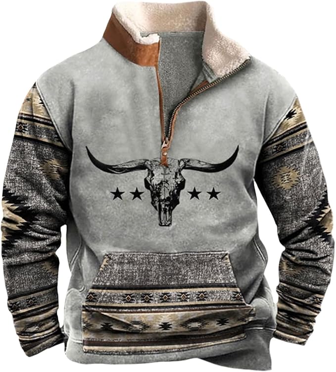 HOTYD Aztec Cowboy Mens Hoodie Vintage Graphic Western Hoodies Casual Long Sleeve 1/4 Zip Pullover Mens Country Jacket