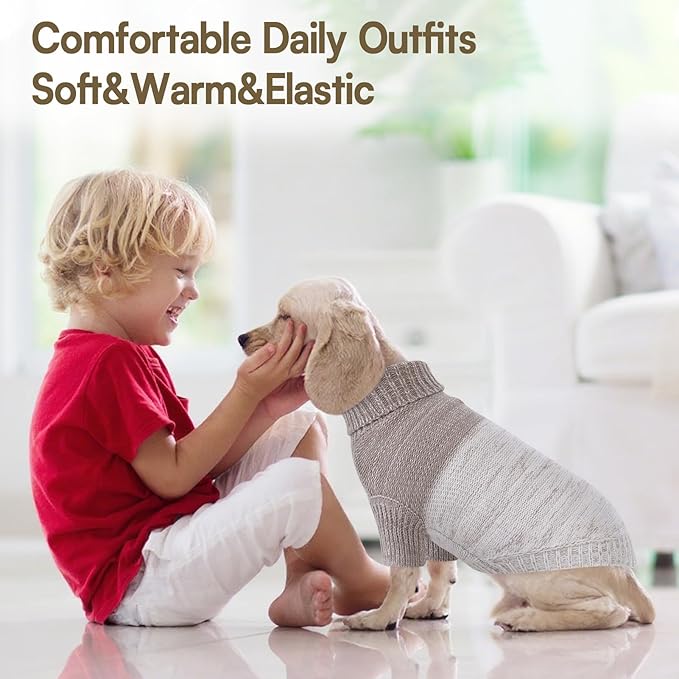 Queenmore Pullover XL Dog Sweater,Classic Turtleneck Warm Pet Sweater with Leash Hole for Dog Girls Boys,Winter Knitwear Clothes for Dachshund,Corgi,French Bulldog(Khaki,XL)