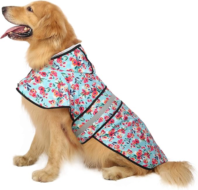 HDE Dog Raincoat Jacket Reflective Adjustable Hooded Pet Poncho Rain Coat with Leash Hole for Small to X-Large Dogs Turquoise - L