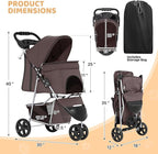 Magshion 3-Wheel Pet Stroller, Foldable Travel Jogger for Small & Medium Dogs & Cats (Up to 33lbs), Lightweight Carrier with Breathable Mesh Cover, Cup Holder & Storage Basket, Coffee