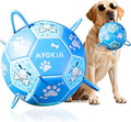 Size 3 Blue Dog Soccer Ball with Straps Eye-Catching Bone and Paw Print Design, Ultra-Durable Training Ball for Pets Interactive Outdoor Dog Toy, Perfect for Medium & Large Puppies