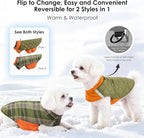Quilted Dog Winter Coat, Plaid Lined Reversible Vest, Reflective Safety Strip, Cold Weather Pet Apparel Army Green S