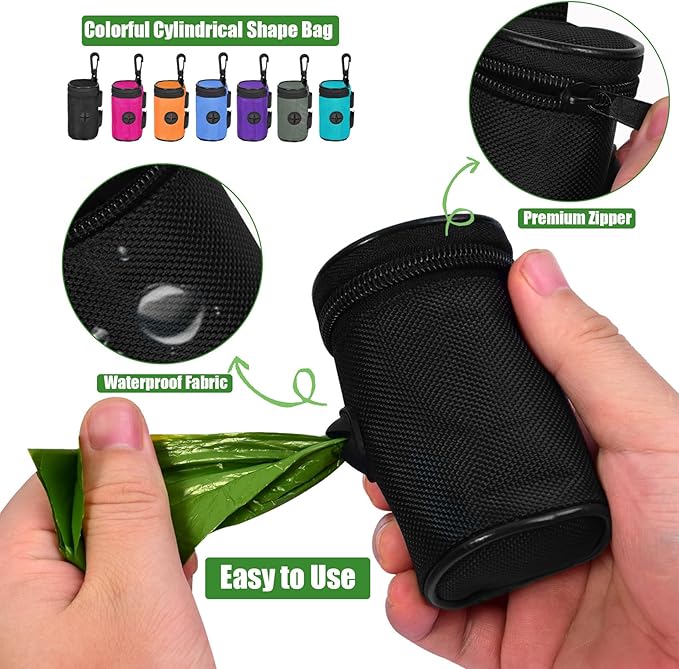 Dog Poop Bag Holder for Leash Attachment - Waste Bag Dispenser for Leash - Fits Any Dog Leash - Portable Set with Hand Free Holder Metal Carrier, Round Shape, Pink