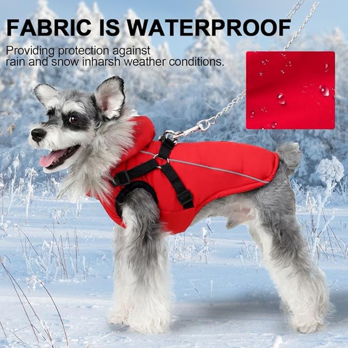 PINA Dog Winter Coat, Dog Winter Jacket with Waterproof Fabric, Warm Dog Coat with Faux Fur Hood, Dog Winter Vest with Reflective Strap for Small Medium Large Dogs, Red, L