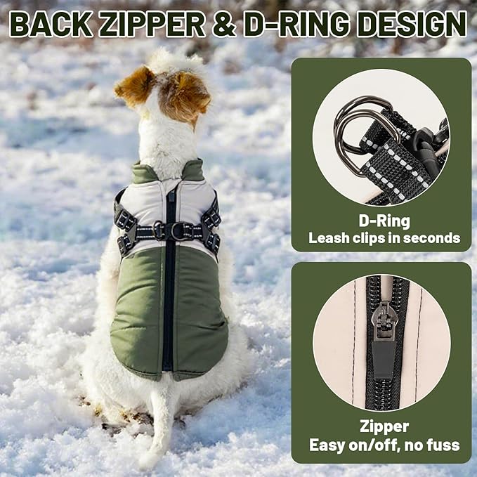 Dog Winter Coat for Small & Medium Dogs (Up to 31lb), Waterproof Dog Coat with Harness, Puppies Windproof Puppy Puffer Jacket, Snowsuit for Dachshund,Frenchie, Corgi (Classic Green, Medium)