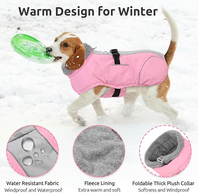 Queenmore Winter Dog Jackets, Thick Dog Coats for Small Pets Winter, Warm Reflective Coat, Thick Waterproof Puppy Coats, Pink, S