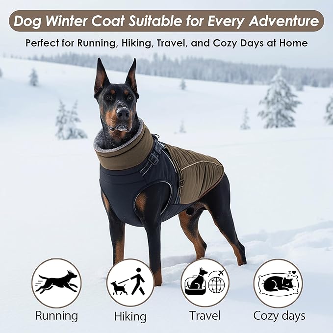 ASENKU Reflective Dog Coat with Built-in Harness, Windproof Fleece-Lined Dog Jacket for Small, Medium, Large Dogs, Warm Winter Vest with Turtleneck & Zipper (Khaki M)