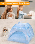 Cat Princess Bed Tent House - Kitty Cute Beds Indoor,Small Dog House Indoor/Outdoor Cave Nest Bed Small Dog Tent for Cat,Puppy Tents (19.6"x19.6"x17.7"/Blue)